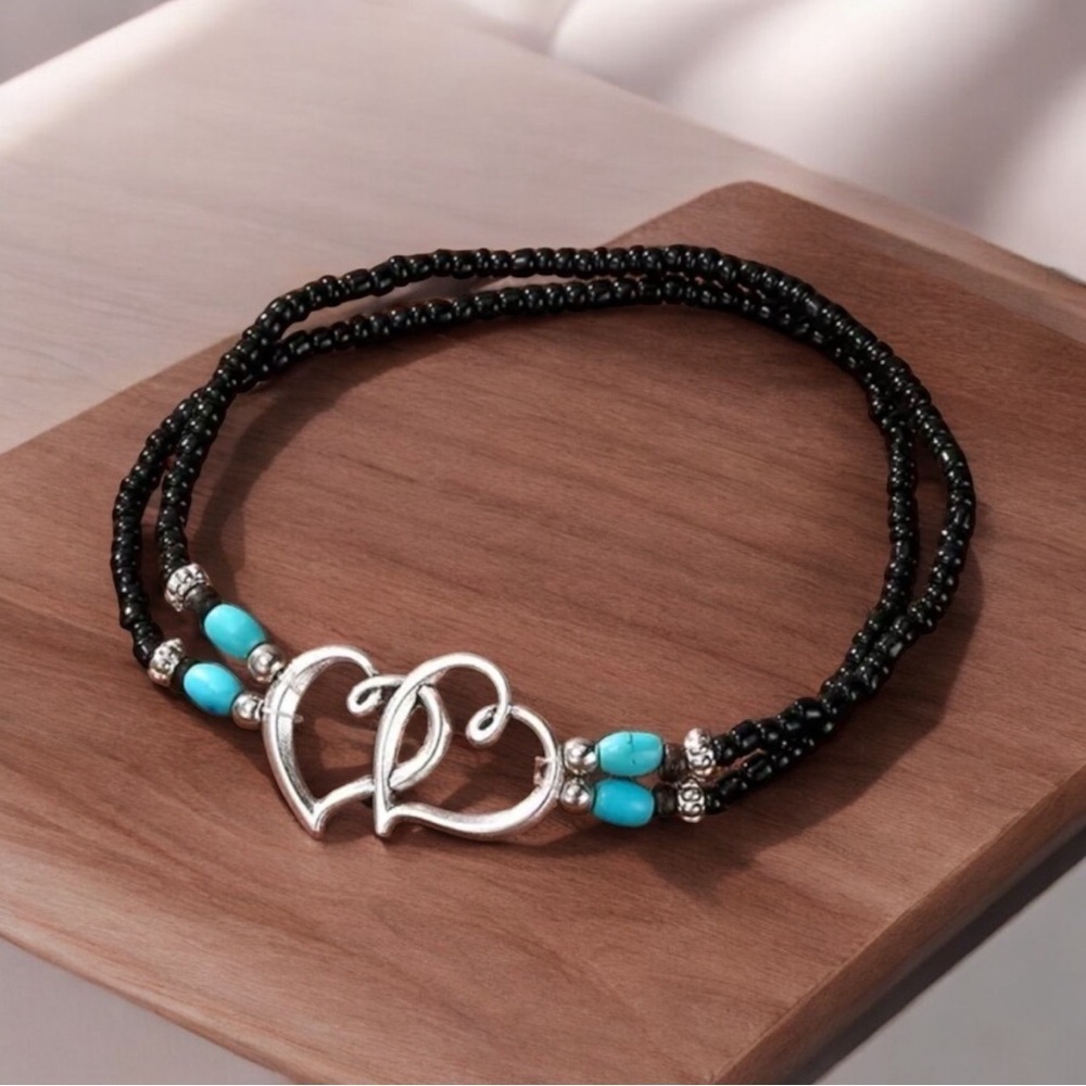 ♥️ Beaded Ankle Bracelet- Hollow Double Heart Design - Picture 2 of 4